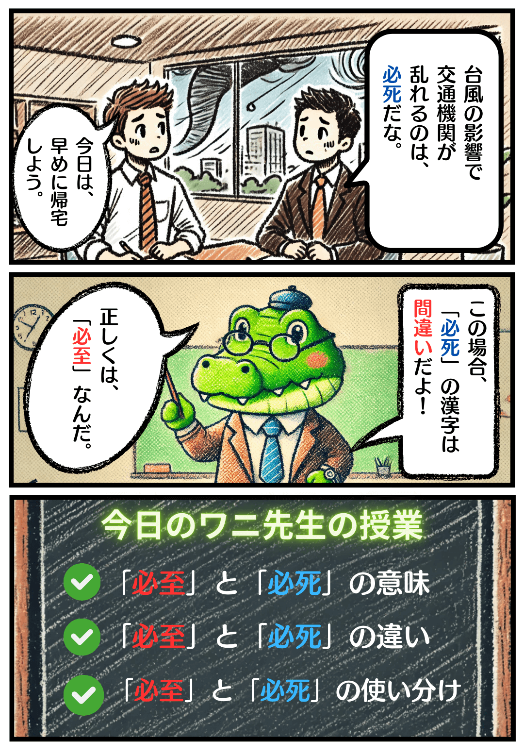 「必至」と「必死」の違いとは？の冒頭マンガ